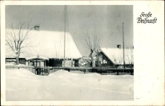 Kartka świąteczna z Gdańska. Nz. przykryte śnieżną czapą chaty rybackie na Górkach Zachodnich.