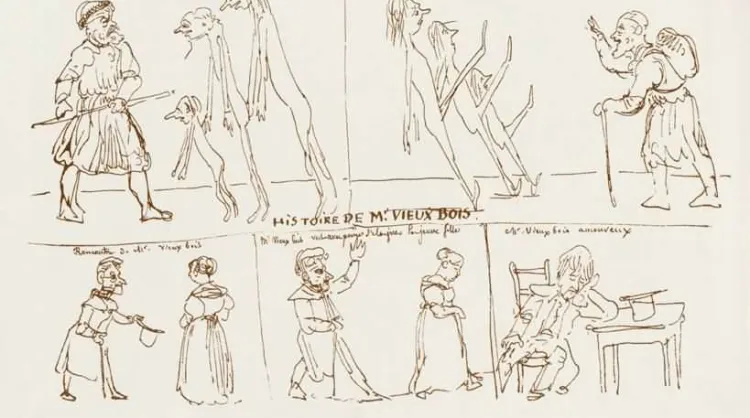 Jeden z pierwszych europejskich komiksów, czyli rycina Rodolphea Töpffera z początku XIX wieku.