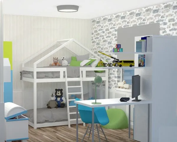 Wiodącym elementem w trzeciej koncepcji aranżacji małego pokoju jest łóżko piętrowe w formie domku. Białe elementy optycznie dodadzą przestrzeni, natomiast tapeta w pionowe  pasy sprawią, że pomieszczenie będzie wydawało się wyższe.