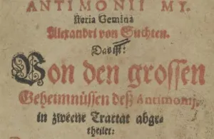 Strona tytułowa dzieła "Antimonii Mysteria Gemina" autorstwa Aleksandra Suchtena. Egzemplarz wydany w 1613 r. w Gerze, znajduje się w zbiorach biblioteki w Dreźnie.