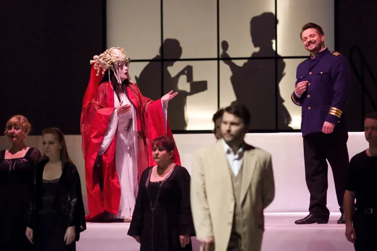 "Madama Butterfly" w Operze Bałtyckiej powstała w wersji pół-scenicznej, choć w praktyce jest skromnym inscenizacyjnie spektaklem. O niepełnej wersji przypomina m.im. brak kostiumów Chóru Opery Bałtyckiej.