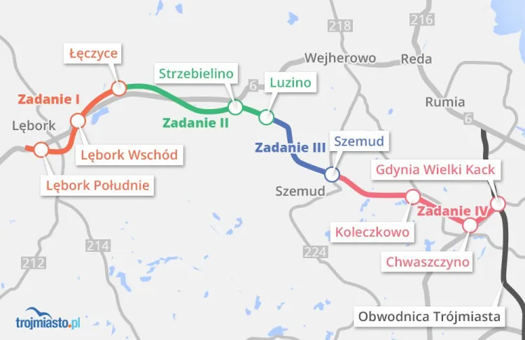 Plany budowy Trasy Kaszubskiej zakładają realizację inwestycji w ramach czterech różnych zadań.