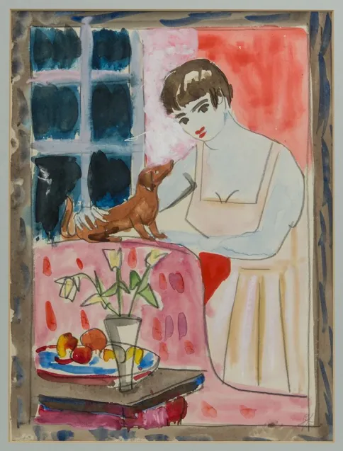 Stanisław Teisseyre, "Portret kobiety z jamnikiem", druga połowa lat 50., akwarela, własność prywatna.
