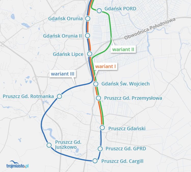 Propozycje przedłużenia trasy SKM do Pruszcza Gdańskiego z roboczymi nazwami nowych przystanków.