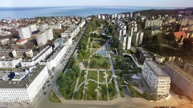 Zaprezentowana kilka dni temu wizja Parku Centralnego w Gdyni. W prawym dolnym rogu widoczny biurowiec, który wybuduje prywatny inwestor.