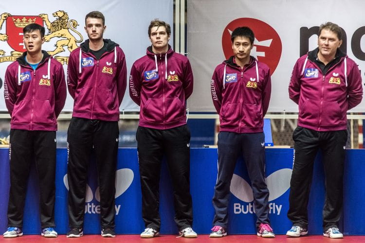 Wicemistrzowie Polski 2017 (od prawej): Piotr Szafranek (trener), Kaii Konishi, Mattias Oversjo, Patryk Zatówka, Wang Yang 