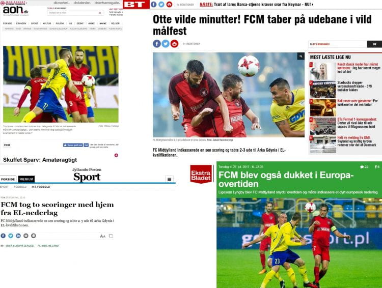 Nagłówki w duńskich mediach po porażce FC Midtjylland w Gdyni.