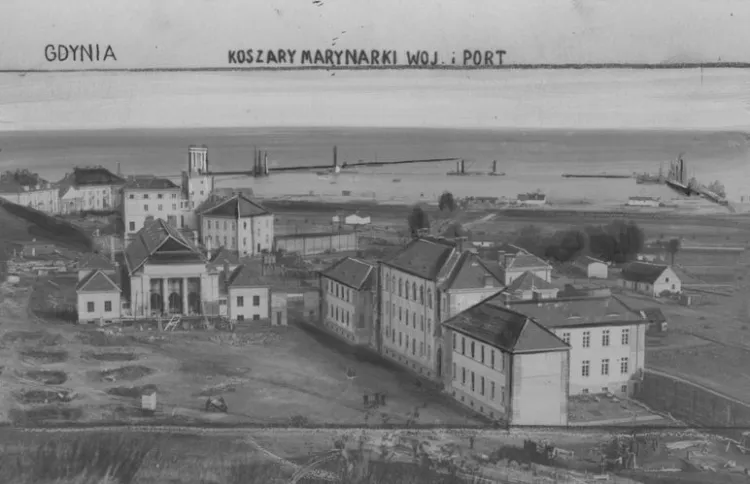 Koszary marynarki wojennej i budynki portowe w Gdyni. Zdjęcie wykonane w 1928 r.