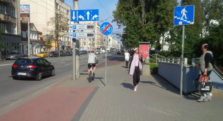 Przy znajdującym się w centrum Gdyni parku brakuje fragmentu drogi rowerowej. Teoretycznie rowerzyści powinni tu zgodnie z przepisami zjechać na jezdnię. Większość jedzie dalej chodnikiem.