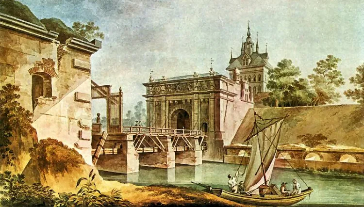 Brama Wyżynna i płynąca przed nią fosa. Żaglówka na obrazie pojawiła się prawdopodobnie jedynie w wyobraźni malarza, Zygmunta Vogla, który uwieczniał obiekty inżynieryjne Gdańska.