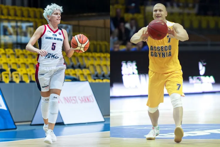 Gdynia jest obecna m.in. na froncie koszulek zarówno koszykarek Basketu jak i koszykarzy Asseco. Na zdjęciach: Jelena Skerović i Krzysztof Szubarga.