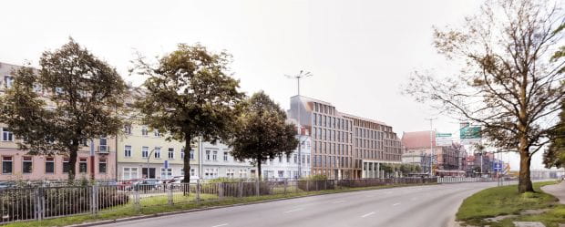 Widok zabudowy od strony Huciska. Architekci zwracają uwagę, że budynek stał będzie nie tak jak Danzigerhof przy miejskim placu, a przy ruchliwej arterii komunikacyjnej. 