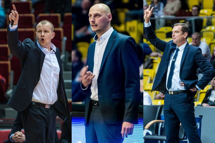 Trenerzy od lewej: Marcin Kloziński - Trefl Sopot, Przemysław Frasunkiewicz - Asseco Gdynia i Gundars Vetra - Basket 90 Gdynia są zadowoleni ze swoich drużyn.