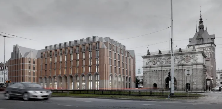 Widok od strony Wałów Jagiellońskich. Elewacja jest wynikiem poszukiwania przez autorów nawiązań do architektury istniejących w Gdańsku budynków. 