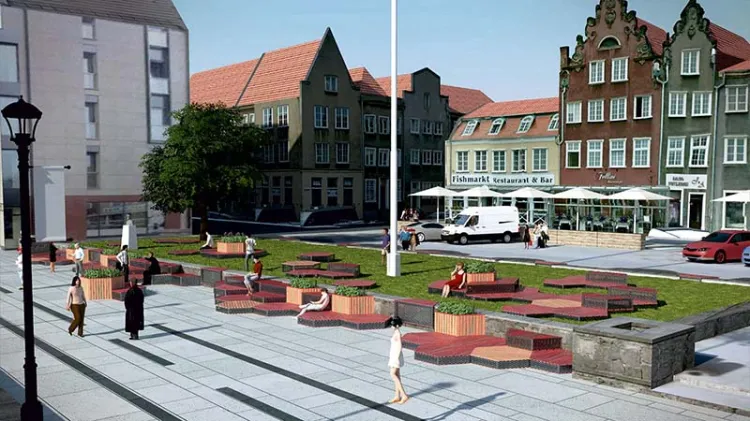 Wizualizacja nowych mebli miejskich na Targu Rybnym.