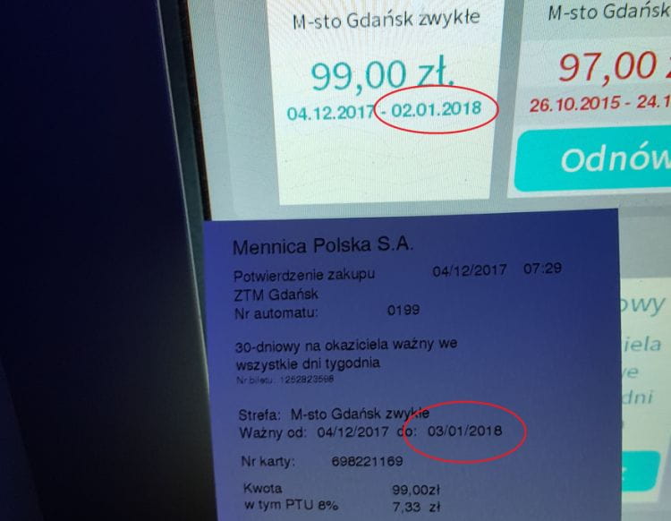 Automat doładował bilet do 2 stycznia 2018, ale na potwierdzeniu wydrukował inną datę - 3 stycznia. Mimo, że wprowadza pasażerów w błąd, operator twierdzi, że to... wina karty. 