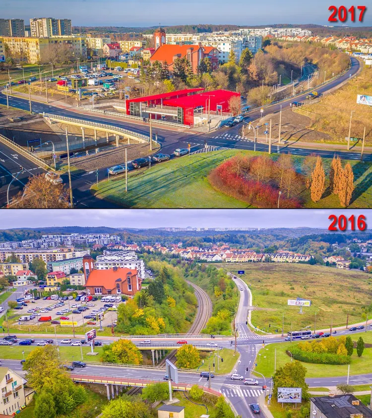Karwiny, zdjęcie przed i po budowie przystanku PKM. 
