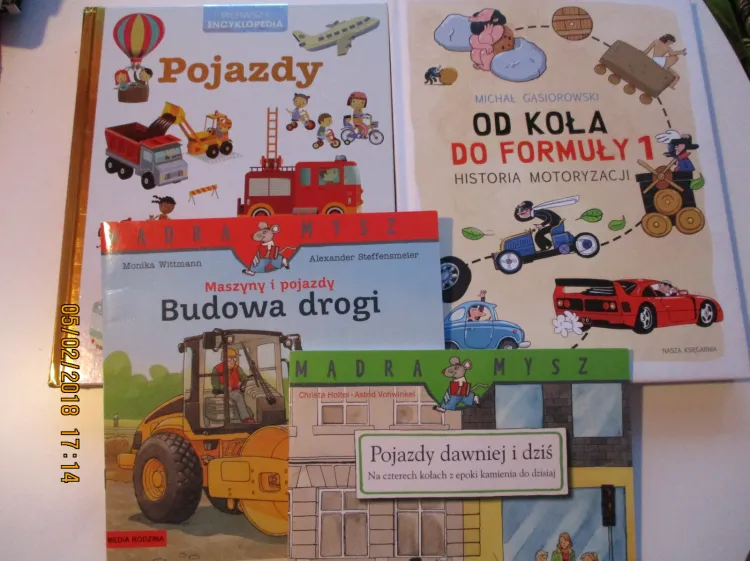 Przykładowa kolekcja książek małego miłośnika motoryzacji.