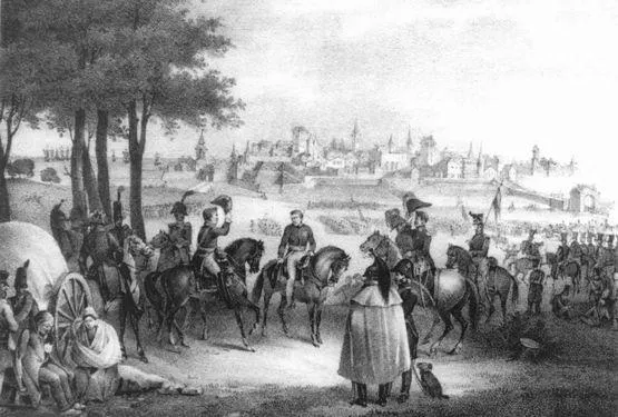 Rycina z epoki, prezentująca prawdopodobnie pertraktacje między pruskimi obrońcami Gdańska a oblegającym miasto wojskami francusko-polsko-niemieckimi.