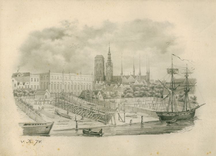 Widok Gdańska od strony południowo-wschodniej. Na pierwszym planie stocznia przy ul. Lastadia. Grafika autorstwa Hermana Porcha z 1846 roku.