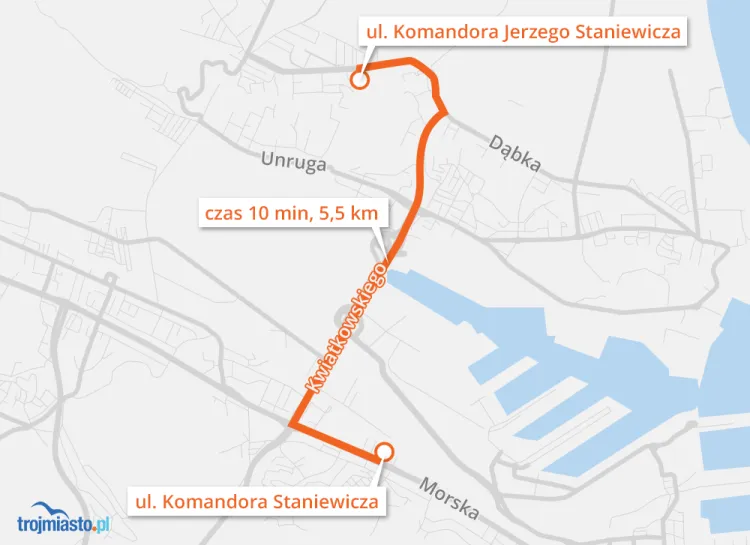 Dwie lokalizacje, które na mapach Gdyni są oznaczane jako ulica Komandora Staniewicza, dzieli 5,5 km.