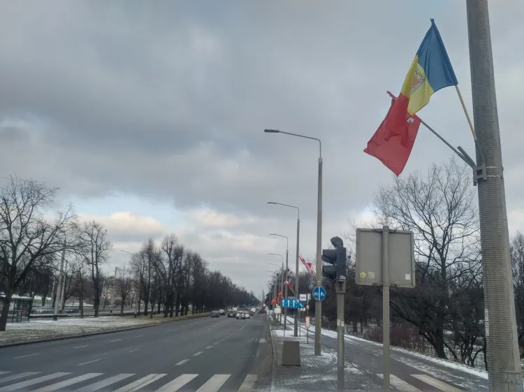 Flagi państwowe na al. Zwycięstwa w Gdańsku na cześć uczestników kongresu drogowego, odbywającego się w Amber Expo.