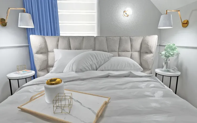 Koncepcja pierwsza. Miękkie tkaniny i tapicerowany zagłówek dodają sypialni przytulności. Marmurowe stoliki i taca podkreślają elegancję wnętrza. 