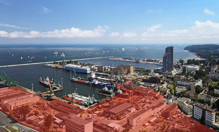 Na zdjęciu zaznaczony teren Nauty kupiony przez Port Gdynia.