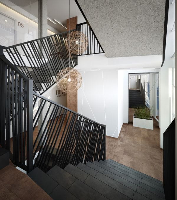 Żeby przyciągnąć uwagę klienta trzeba zaprezentować pomysł na niebanalną aranżację. Apartamenty Futura, Gdańsk Oliwa - balustrady nawiązują do architektury budynków. 