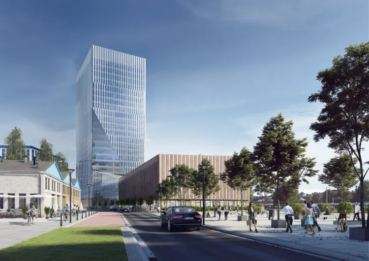 Wizualizacja wysokościowca i planowego obok niego parkingu wielopoziomowego. Nie wiadomo, czy ta wizja zostanie zrealizowana, jednak wizualizacja pokazuje planowany plac obok kładki pieszej.