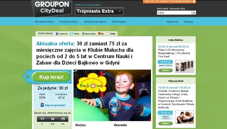 Groupon to najpopularniejszy w Polsce portal zakupów grupowych, ma ok. 20 proc. rynku. Ok. 15 proc. ma Gruper, Okazjoteka i Mydeal mają po 4 proc. Żródło: PBI