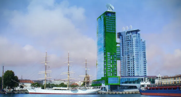 Przygotowana przez twórców wizualizacja budynku Sea Towers porośniętego zielenią, która pnie się do góry.