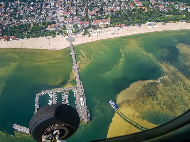 Zmiana kierunku prądów sprawiła, że widoczne na zdjęciu sinice opuściły morze na wysokości Sopotu, co pozwoliło otworzyć kąpieliska. Na razie nie wiadomo, na jak długo.