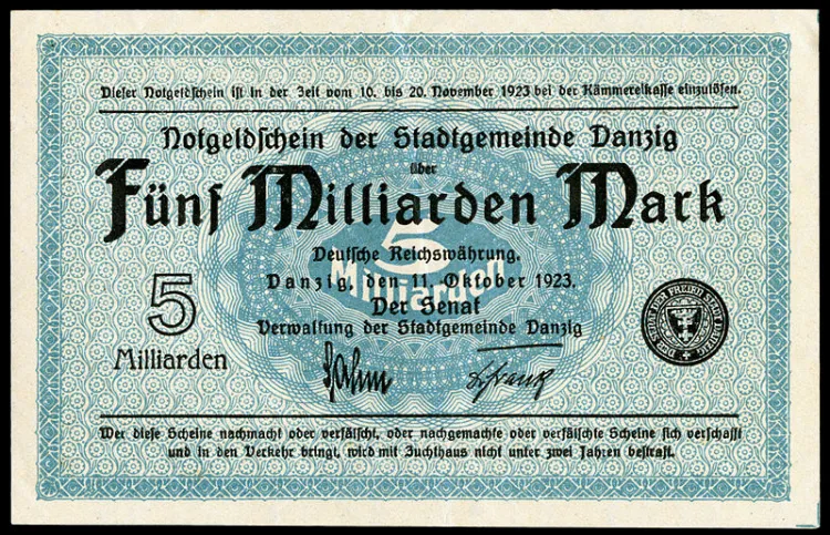 W listopadzie 1923 roku w Gdańsku wyemitowano banknot o nominale 5 miliardów marek.