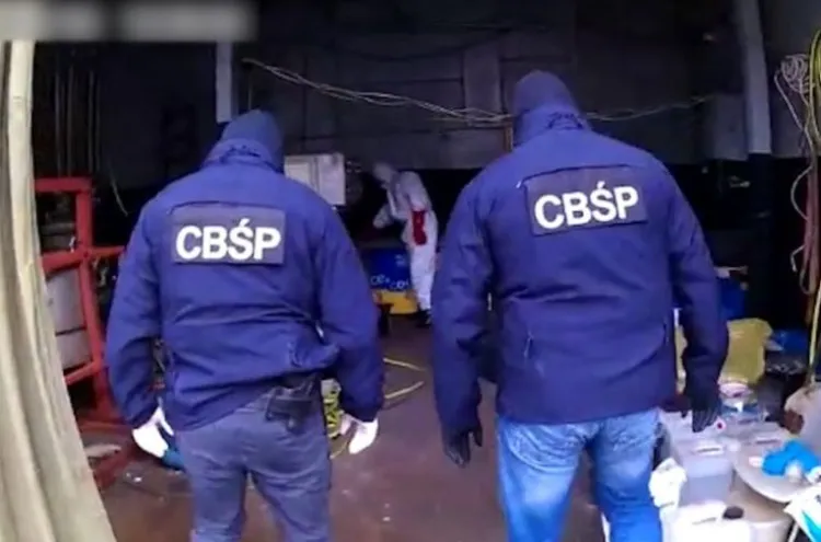 Policjanci z CBŚP podczas przeszukania fabryki amfetaminy.