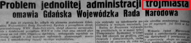 Fragment artykułu z "Dziennika Bałtyckiego" z 1 lutego 1950 r. To pierwszy odnaleziony przez autora przykład użycia nazwy Trójmiasto na określenie Gdyni, Sopotu i Gdańska.