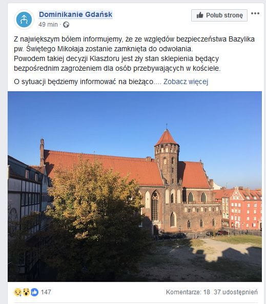 Spękania na sklepieniach, szczeliny na kolumnach i wybrzuszona posadzka sprawiły, że podjęto decyzję o zamknięciu kościoła św. Mikołaja w Gdańsku.