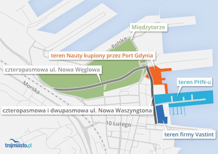 Sytuacja właścicielska w śródmieściu Gdyni oraz proponowane drogi dojazdowe.