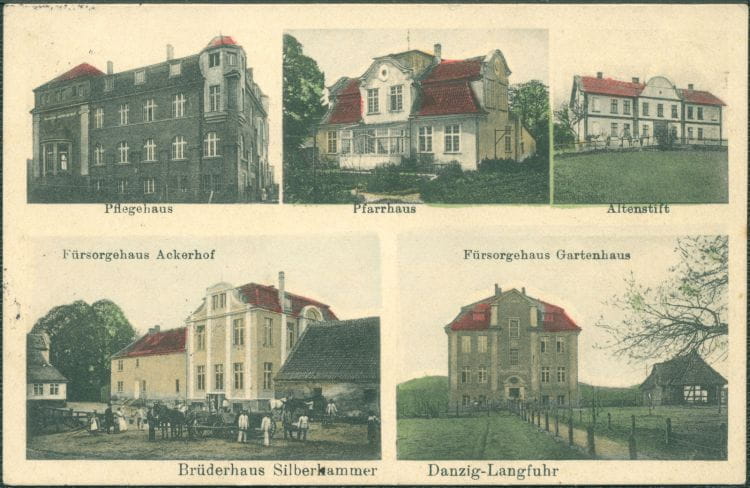 Pocztówka prezentująca zabudowania zakładu opiekuńczo-wychowawczego prowadzonego przez Bractwo Soar, między 1907 a 1913 r. Ze zbiorów Krzysztofa Gryndera.