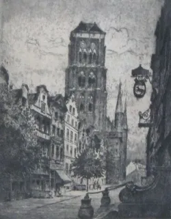 Grafika z widokiem Kościoła Mariackiego od strony ulicy Piwnej.