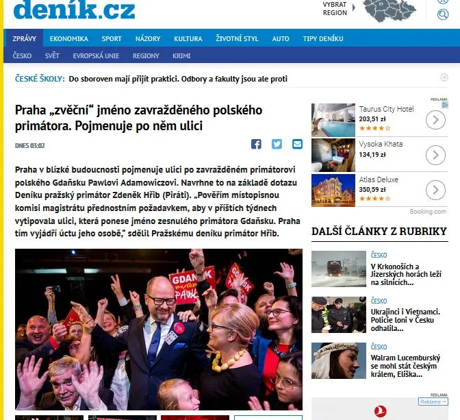 Czeskie media informują, że jedna z ulic w Pradze zyska imię zmarłego prezydenta Gdańska Pawła Adamowicza.