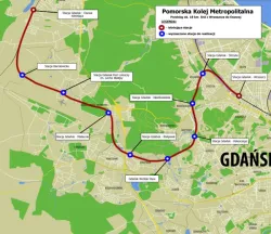 Planowany przebieg Kolei Metropolitalnej na terenie Gdańska.