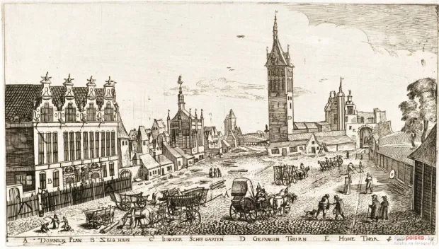 Targ Węglowy na rycinie z 1617 r. Ze zbiorów Rijksmuseum w Amsterdamie.