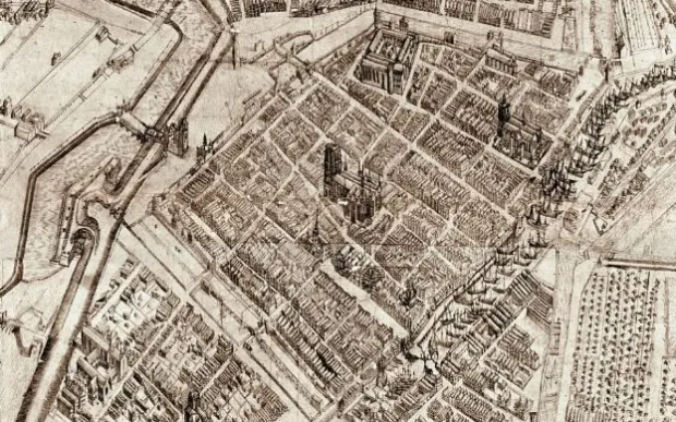 Fragment planu Gdańska z lat 1600-1601, przypisywanego Antoniemu Möllerowi. Znany jako "plan sztokholmski", gdyż zrabowany przez Szwedów w czasie "potopu" dziś znajduje się w szwedzkich archiwach.