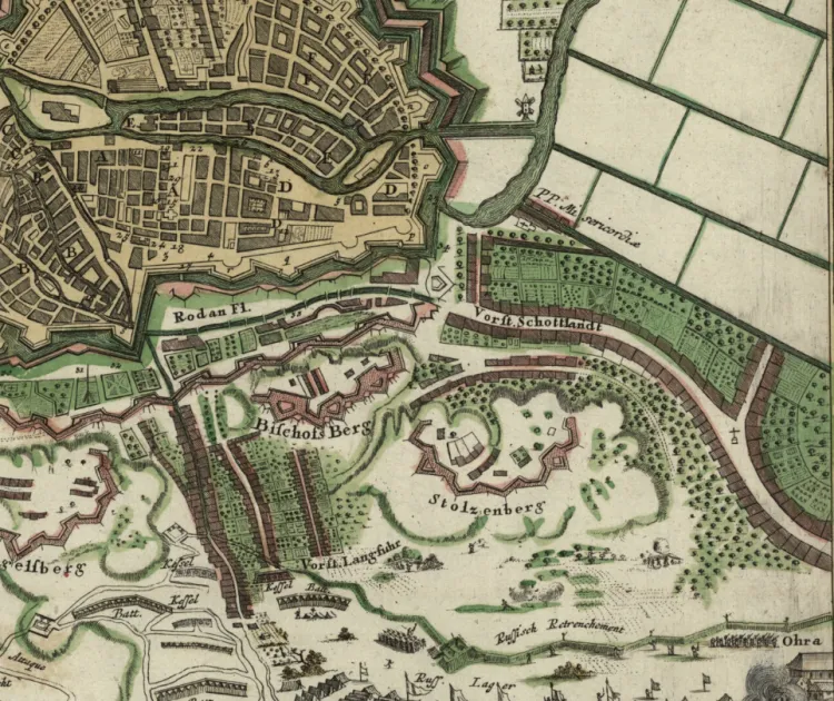 Osiemnastowieczne przedmieścia Gdańska od strony południowej. Biskupia Górka (Bischofdberg), Chełm (Stolzenberg), Stare Szkoty (Schottlandt) i fragment Oruni (Ohra) na mapie z 1736 r.