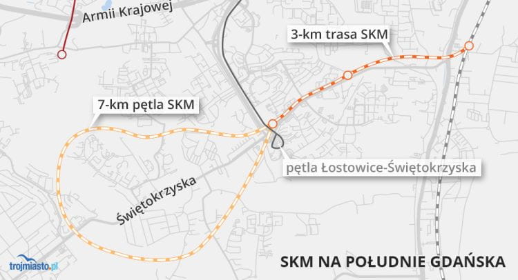Wizja budowy trasy kolejowej, która docierałaby do południowych dzielnic Gdańska. Po powiększeniu grafiki widać także planowaną trasę tramwajową GP-W.