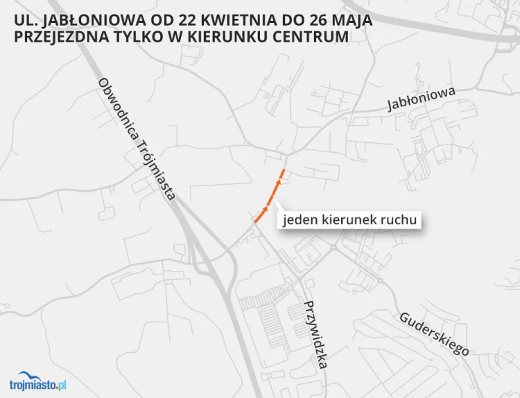 W dniach 22 kwietnia-26 maja, ruch na Jabłoniowej między Przywidzką a Oliwkową będzie odbywał się "pod górę", czyli w kierunku centrum Gdańska.