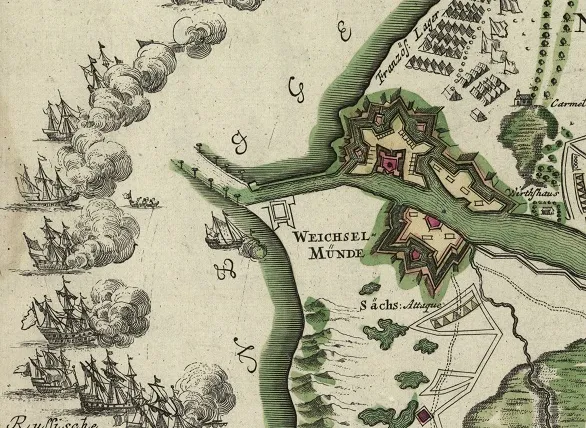 Oblężenie Gdańska w 1734 r. Fragment mapy z epoki. Ilustracja z domeny publicznej.