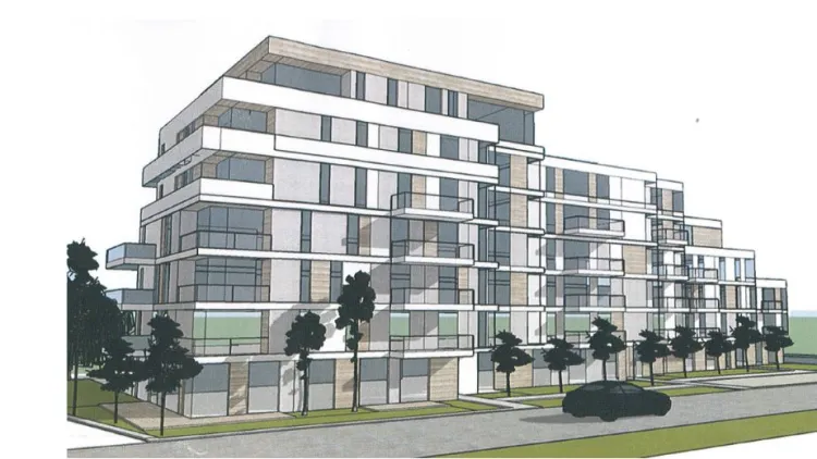 Wizualizacja z wniosku złożonego w ramach lex deweloper przez firmę Jaworscy Development. Brzeźno, ul. Kobieli 4, 7 kondygnacji, wysokość 20 metrów. 