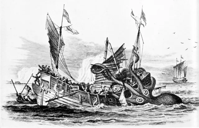 Kraken niszczący żaglowiec na rysunku francuskiego ilustratora Denyse'a de Montfort
